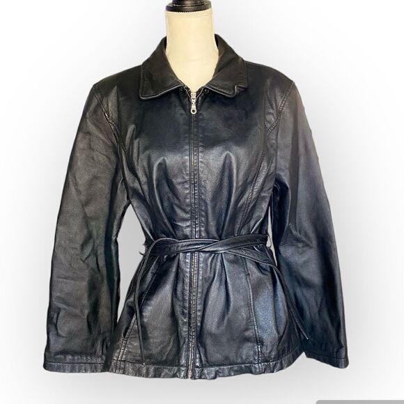 💛 Jacqueline Ferrar Leather Jacket w Waist Tie Button Up Woman’s Size L Black - Picture 1 of 7